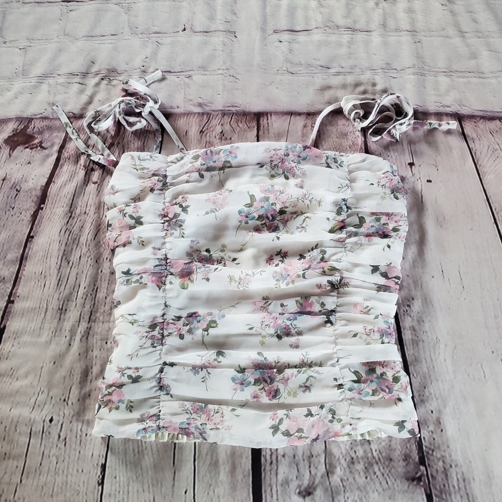White Floral Print Rushed Top Shoulder-Tie Bohemian Sexy Romantic Crop Small